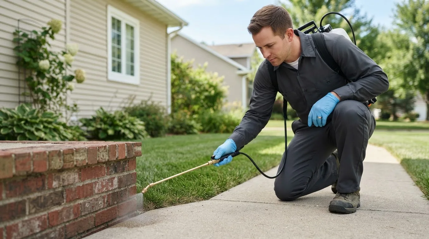 Pest control technician treating a home near Hooper, CO